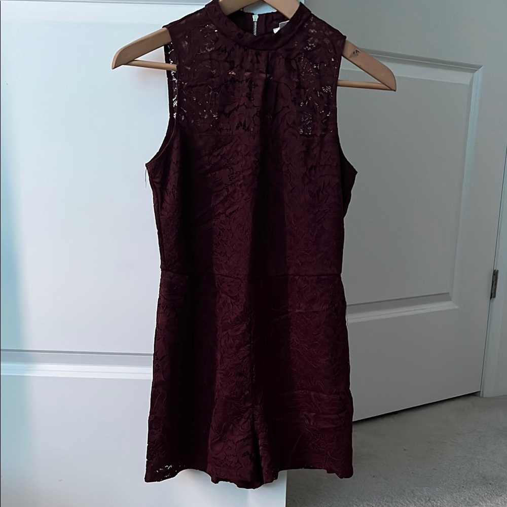 Burgundy Sleeveless Lace Romper with Mock Neck by Garage
